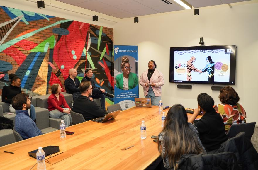 A student in Future Founders presenting at Pitch Day.